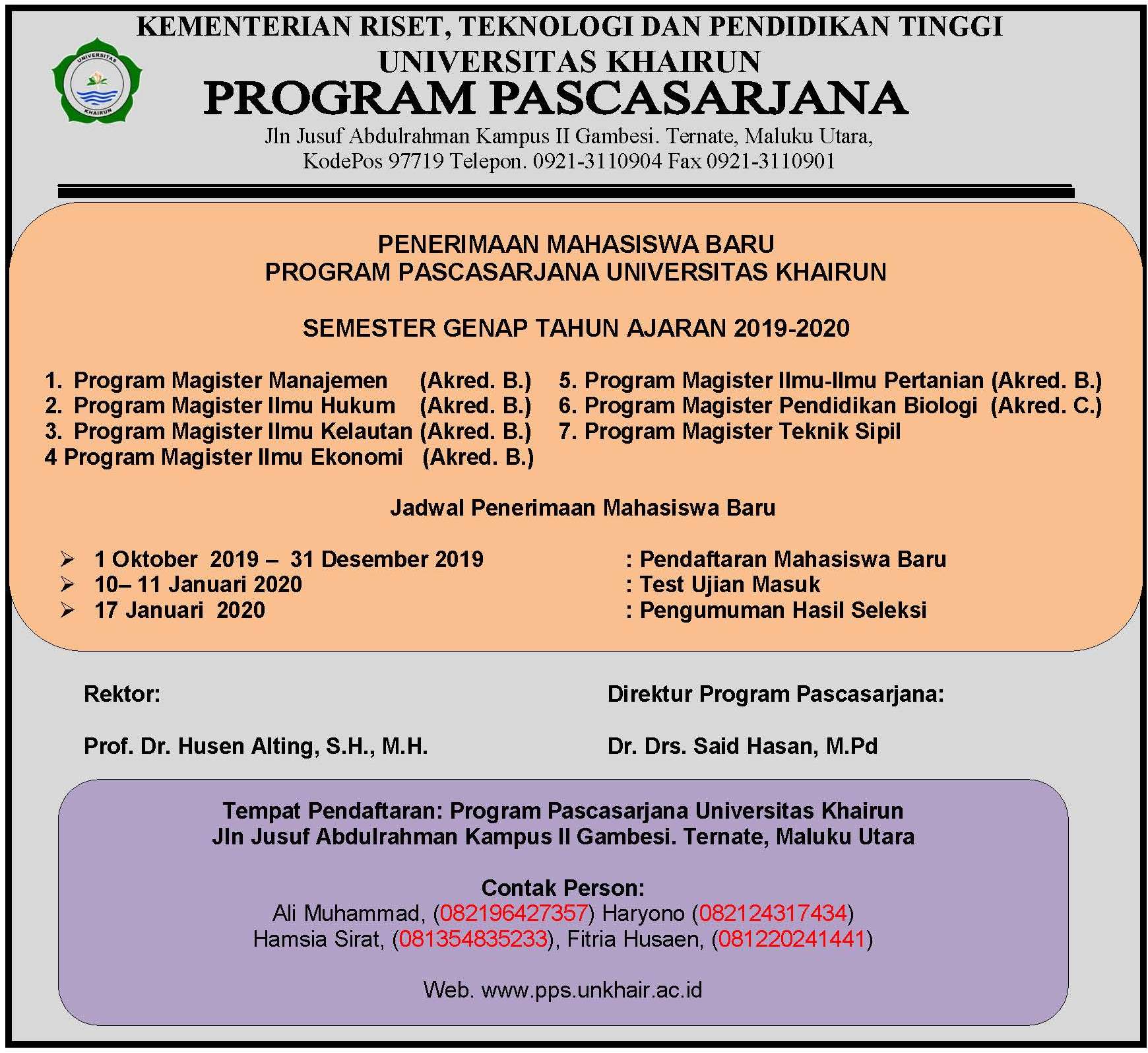 Telah Dibuka Pendaftara Mahasiswa Baru (S2) Program Pascasarjana Universitas Khairun
